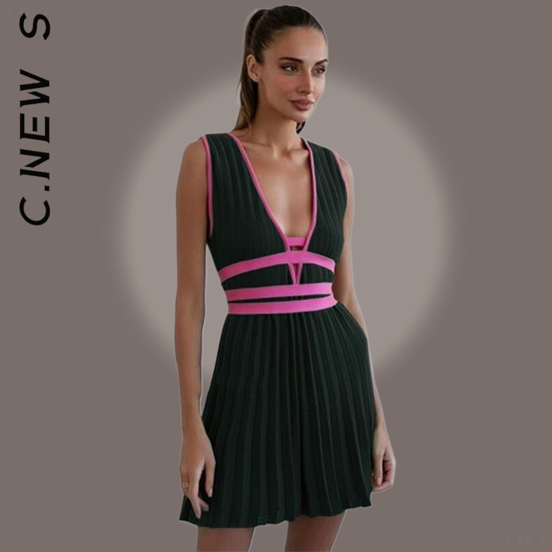 C.New S Dress Women Fashion V-neck Fashion Stitching Sleeveless Slim Dresses Club Outfits Woman Clothes Female