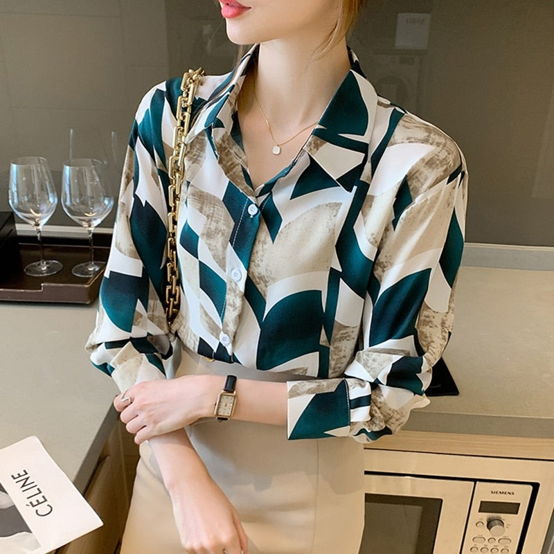 Office Lady Elegant Print Shirts New Arrival 2022 Spring Korean Style All-match Loose Women Long Sleeve Casual Tops Shirt W943