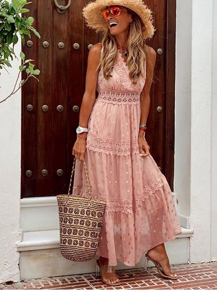 Summer Maxi Boho Dress Women Lace Patchwork Beach Long Dress Sleeveless Fashion V Neck Sundress Female White Elegant Retro Dress