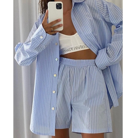 Stripe Long Sleeve Shirt Tops and Loose High Waisted Mini Shorts- Two Piece Set Pajamas