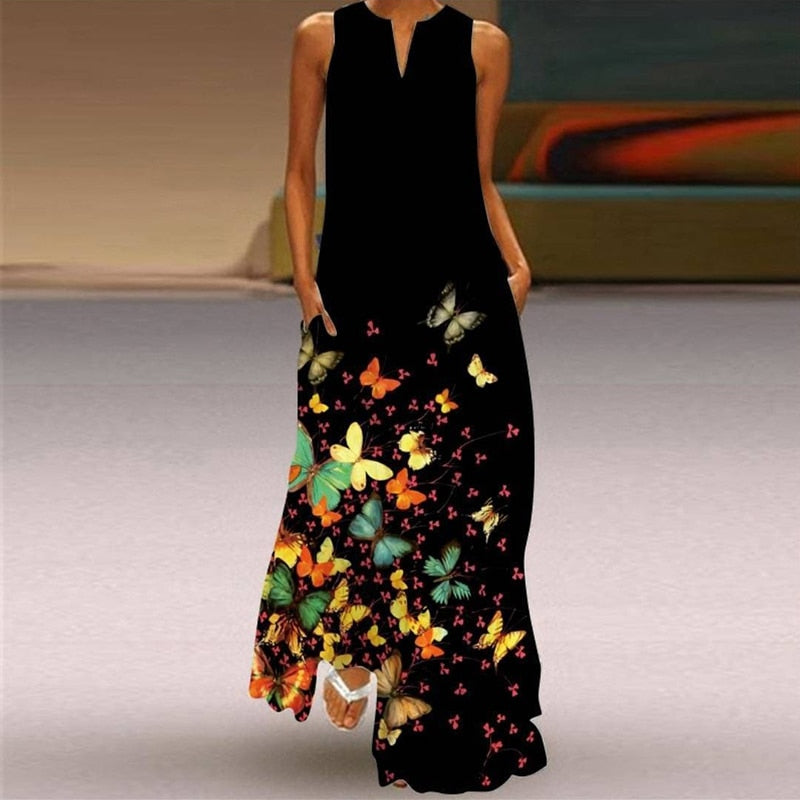 Vintage Printed  Sleeveless V-Neck Long Dress