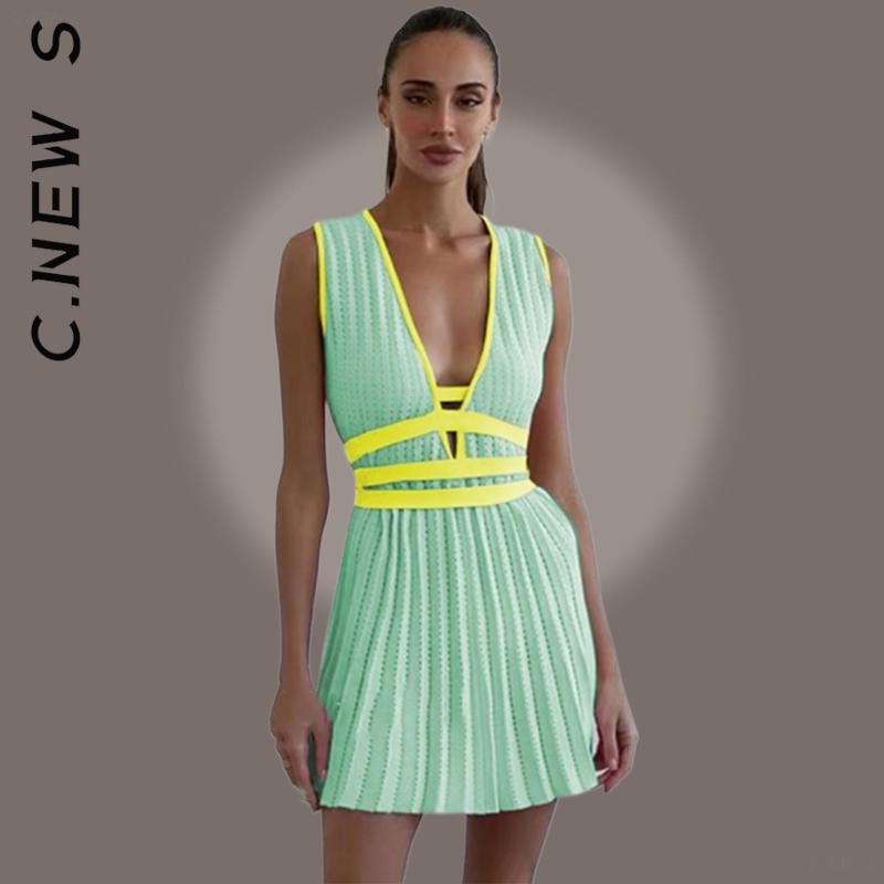 C.New S Dress Women Fashion V-neck Fashion Stitching Sleeveless Slim Dresses Club Outfits Woman Clothes Female