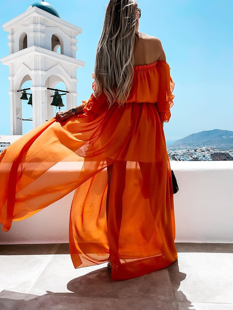 Women Sexy Off Shoulder High Slit Chiffon Dress Summer Bohemian Lace-up Chest Wrap Ruffles Sleeve Maxi Beach Dresses Woman 2022