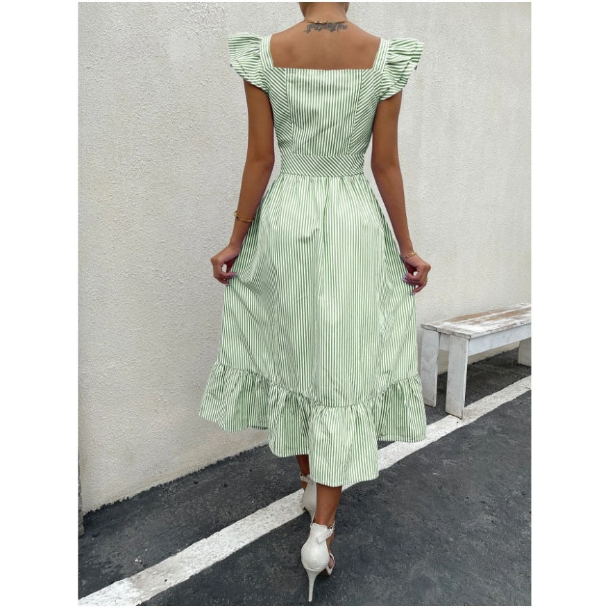 DGIRL Ruffle Summer dress Women Long dress Square Neck Striped Print Button Front Ruffle Hem Dress