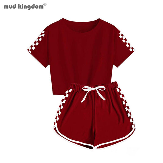 Mudkingdom Big Girls T-Shirts Set Plaid Pure Color Short Sleeve Pullover and Short Outfits for Kids Clothes Summer Homewear