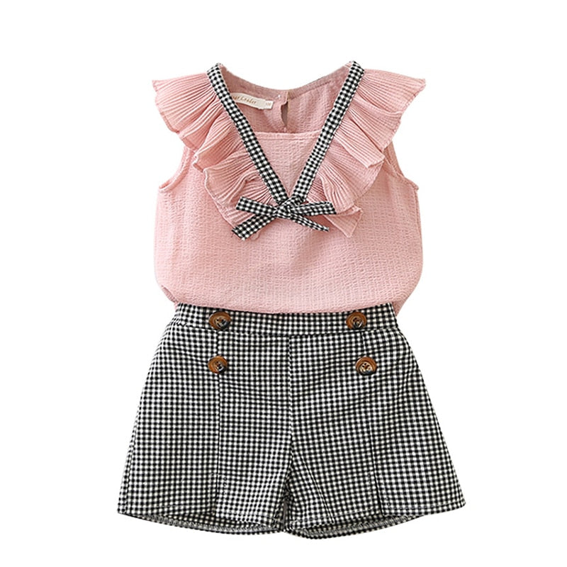 Mudkingdom Little Girls Clothes 2pcs Sets Butterfly Sleeve Chiffon Tank Top and Plaid Shorts Outfits for Kids Clothing Summer