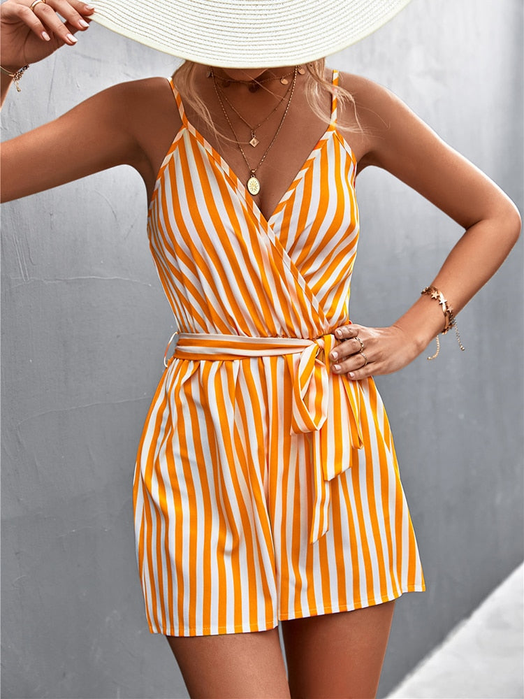 Summer Woman Jumpsuit Stripe Women Playsuit Loose Short Jumpsuits For Women Sleeveless V-Neck Beach Romper Casual Lace Up Outfit