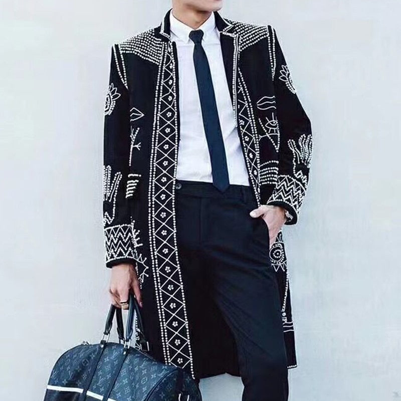 Top Quality Heavy Beaded Embroidered Jacket Men&#39;s Slim Fit Long Jacket Men Coat Nightclub Master Clothes Performance Club Stage