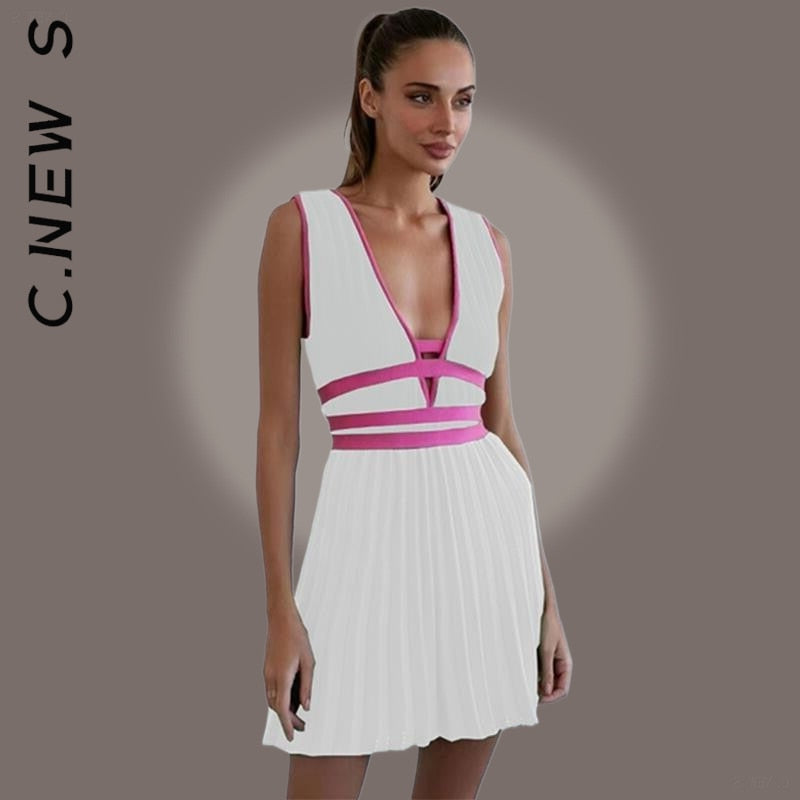 C.New S Dress Women Fashion V-neck Fashion Stitching Sleeveless Slim Dresses Club Outfits Woman Clothes Female