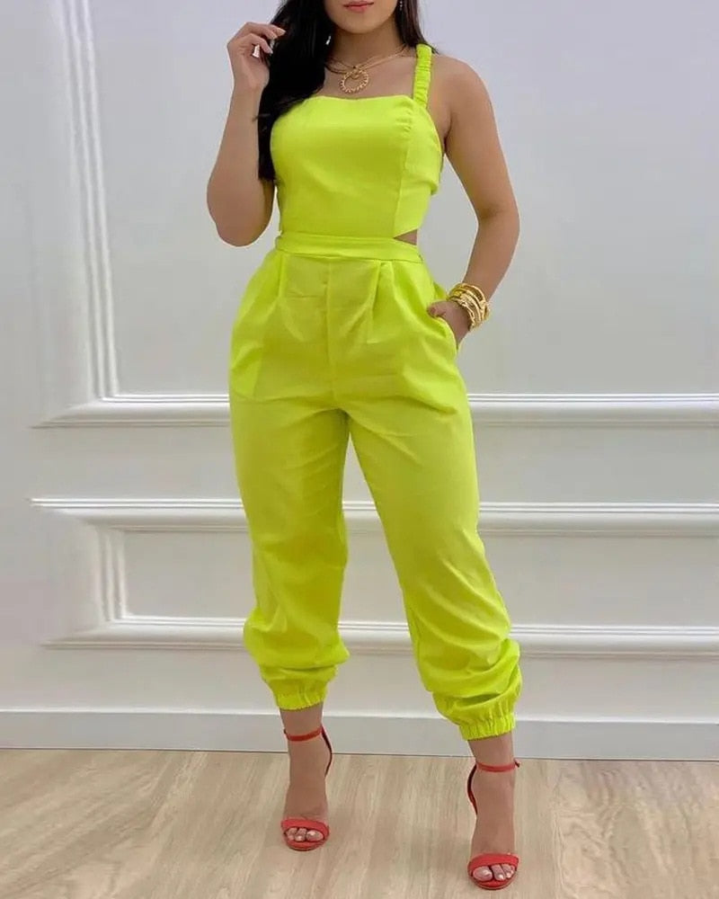 Summer Sleeveless Long Jumpsuit Women Fashion Casual Printing Square Neck Sleeveless Hollowed-out Backless Jumpsuit Women