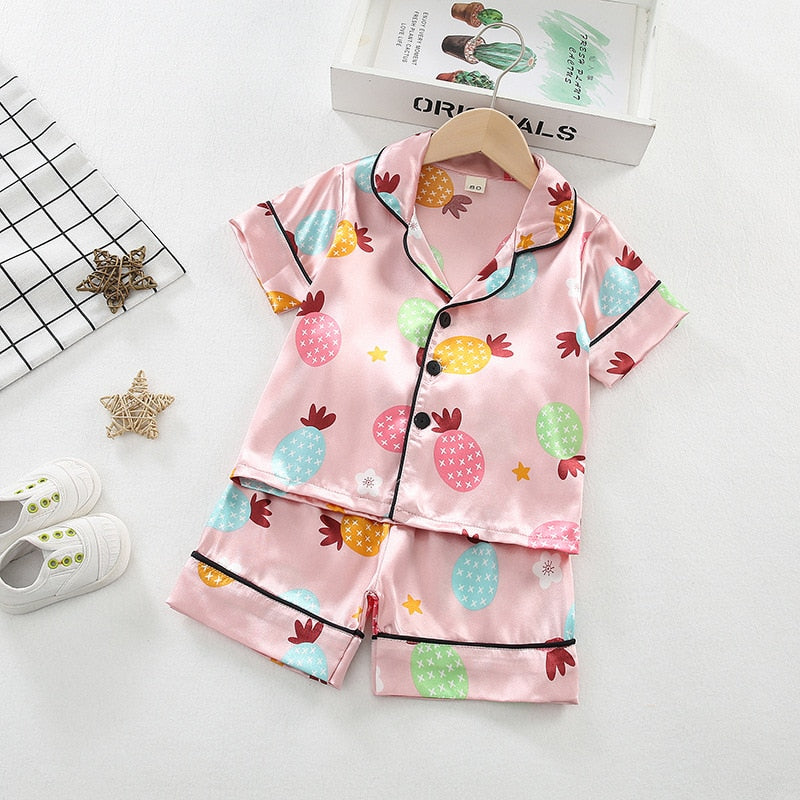 Girls Satin Silk Pajamas Set Kids Boy Cartoon Sleepwear Outfits Summer Toddler Short Sleeve+shorts Boy Leisure Wear Home Clothes