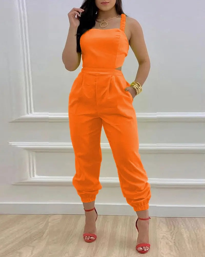 Summer Sleeveless Long Jumpsuit Women Fashion Casual Printing Square Neck Sleeveless Hollowed-out Backless Jumpsuit Women