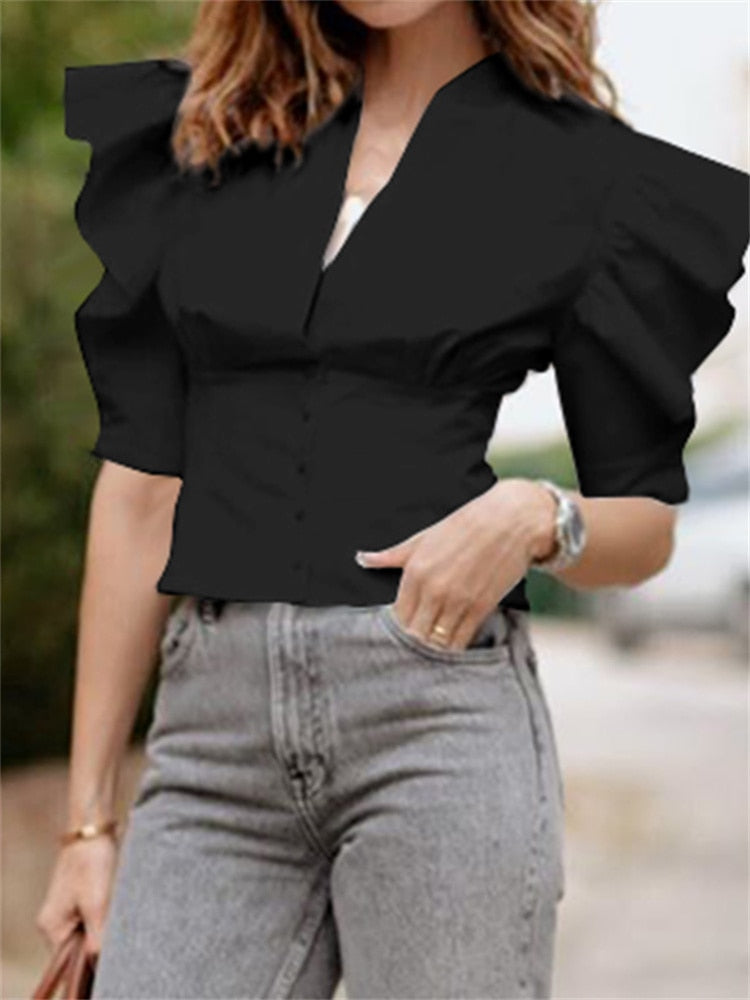 Women Fashion Ruffles White Shirts Celmia Elegant Office Tops Tunic 2022 Half Sleeve Summer Blouses Casual Loose Buttons Blusas