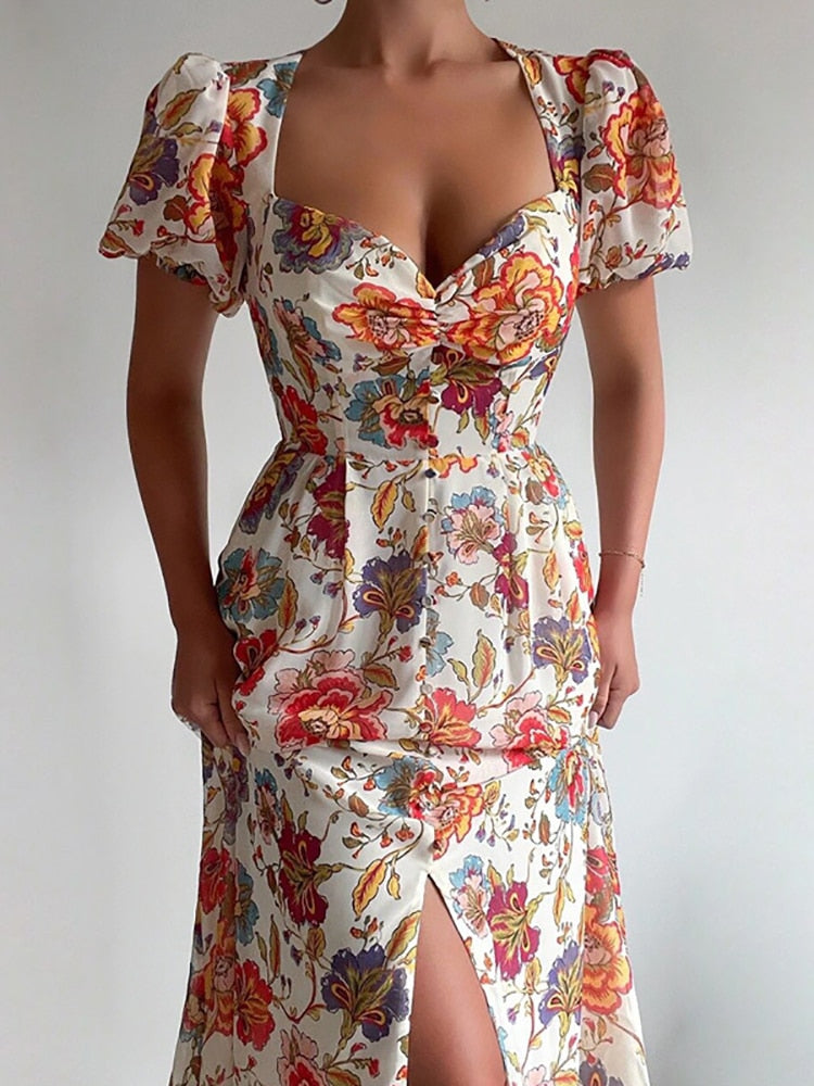 Puff Sleeve Floral Print Dress