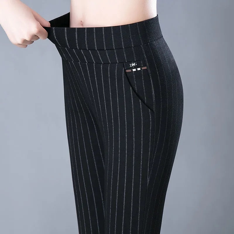 Spring Autumn Middle Aged Women Elastic Waist Casual Straight Pants Female Trousers Lady Stripe Pencil Pants Black Pants 5XL1833