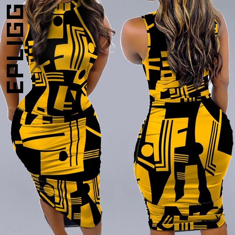 Print Sleeveless Ruched Bodycon Dress