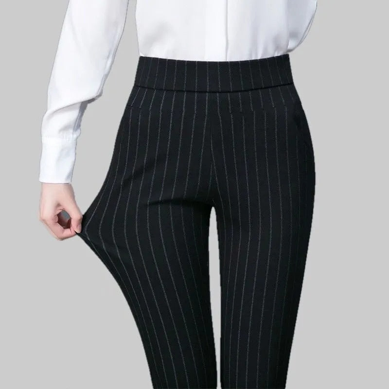 Spring Autumn Middle Aged Women Elastic Waist Casual Straight Pants Female Trousers Lady Stripe Pencil Pants Black Pants 5XL1833