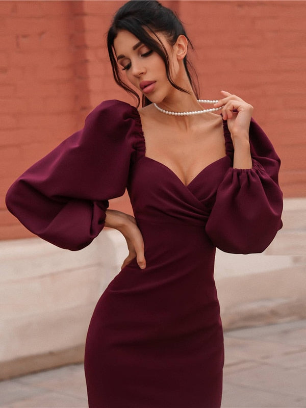 2022 Spring Autumn Square Collar Puff Sleeve Bodycon Tunics Evening Party Midi Dress Elegant Fashion Woman Prom Cocktail Dresses