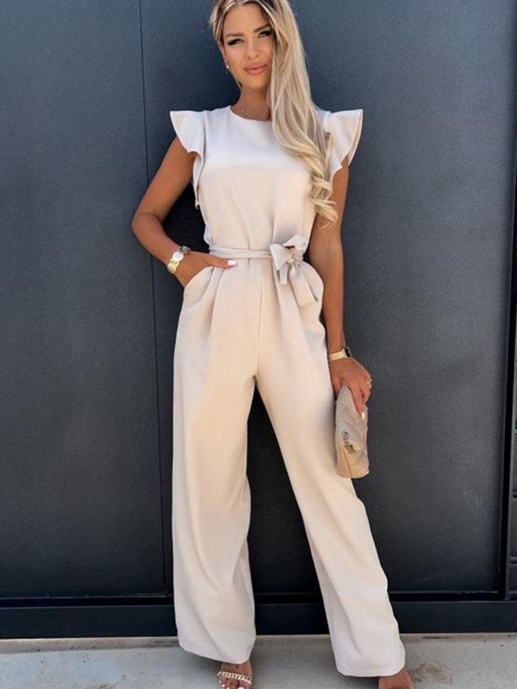 Fashion Solid Butterfly Sleeve Elegant Women Jumpsuit Summer O-neck With Belts Straight Playsuit Casual Office Lady Jumpsuits