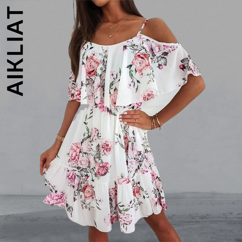 Aikliat Women Dress Fashion Sexy Off Shoulder Spaghetti Strap Floral Print Elegant Dress Simple Robe Elegant Vestidos Female