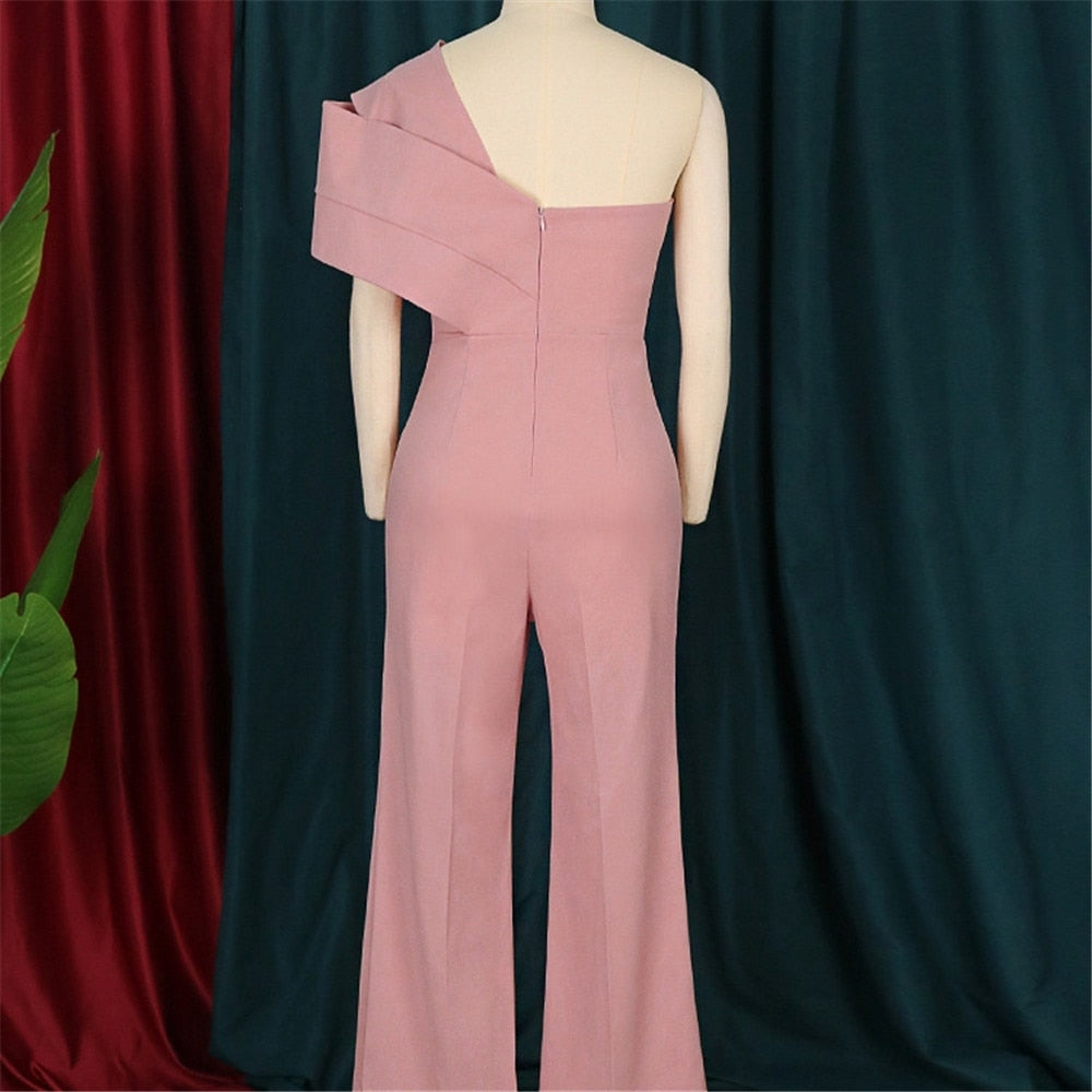 Niche Design Sexy One-shoulder Ruffle Pink Women&#39;s Party Jumpsuit Elegant High Waist Overall One Piece Evening Summer Jumpsuits