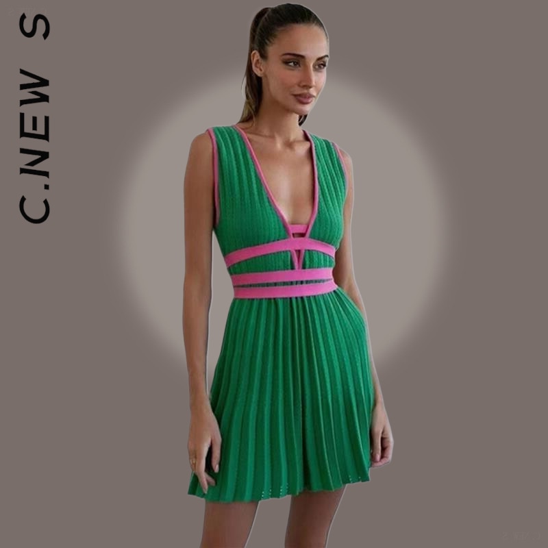 C.New S Dress Women Fashion V-neck Fashion Stitching Sleeveless Slim Dresses Club Outfits Woman Clothes Female