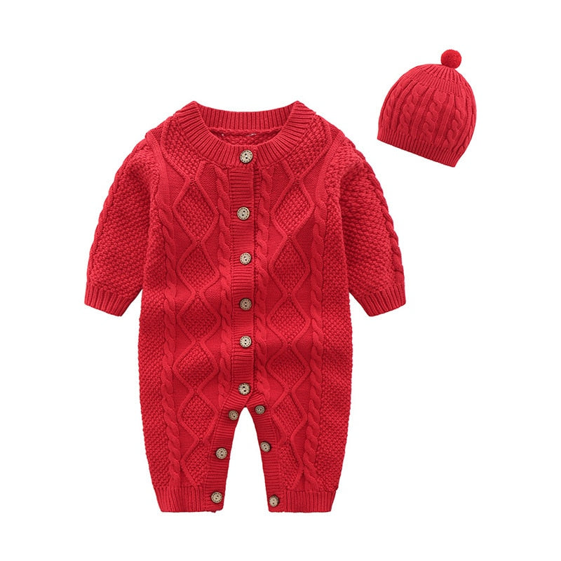 3-24M Newborn Autumn Knitted Romper Baby Boys Pure Cotton Long Sleeve Sweaters Girls 2PCS Casual Romper with Hat