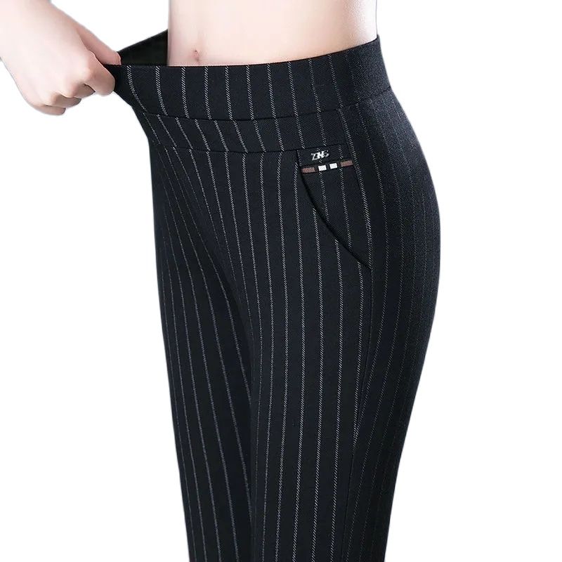 Spring Autumn Middle Aged Women Elastic Waist Casual Straight Pants Female Trousers Lady Stripe Pencil Pants Black Pants 5XL1833