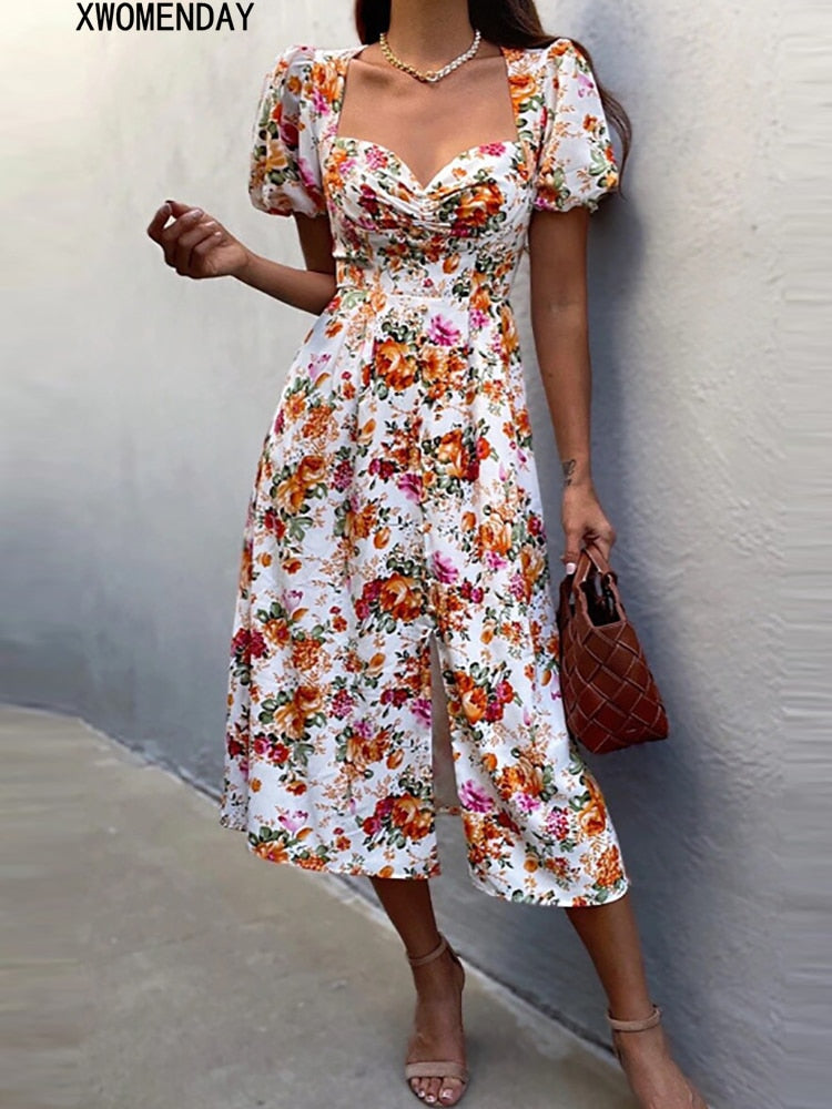 Puff Sleeve Floral Print Dress