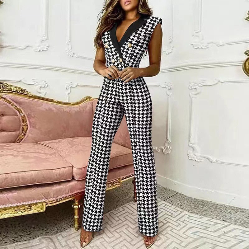 2022 Summer Red Jumpsuits Women Elegant Office Ladies Button Rompers Fashion Houndstooth Print Casual Wide Leg Pants Playsuits