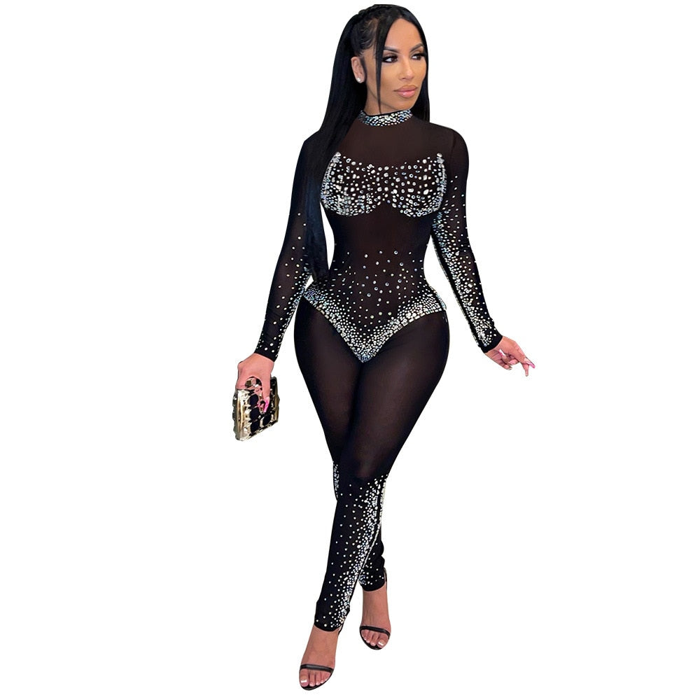 Cutubly Diamond Sheer Mesh Jumpsuit 2021 Elastic One Shoulder Party Rompers And Jumpsuits For Women Long Sleeve One Piece Romper