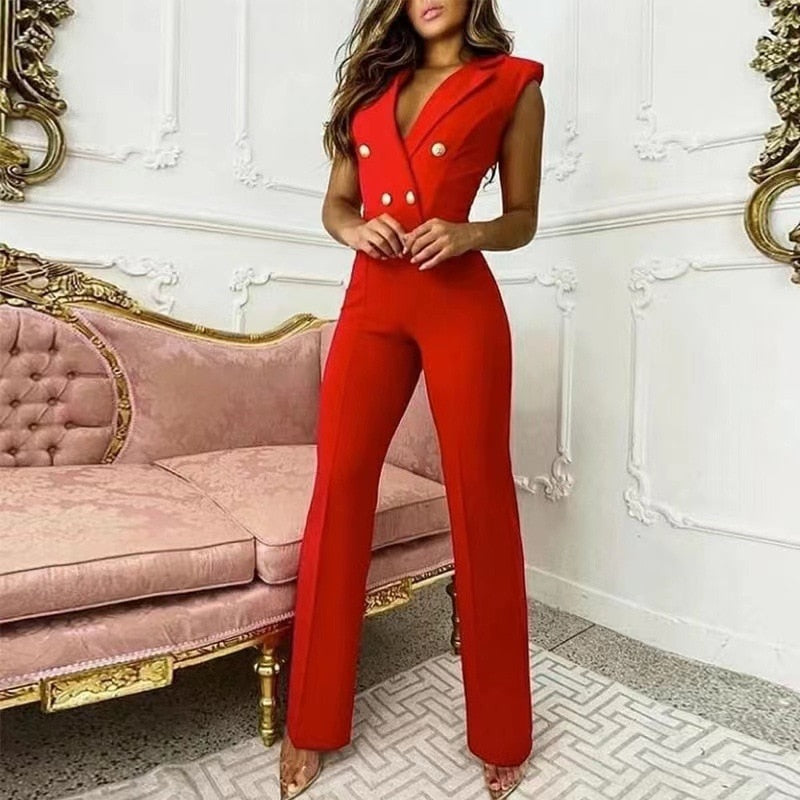 2022 Summer Red Jumpsuits Women Elegant Office Ladies Button Rompers Fashion Houndstooth Print Casual Wide Leg Pants Playsuits