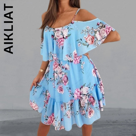 Aikliat Women Dress Fashion Sexy Off Shoulder Spaghetti Strap Floral Print Elegant Dress Simple Robe Elegant Vestidos Female