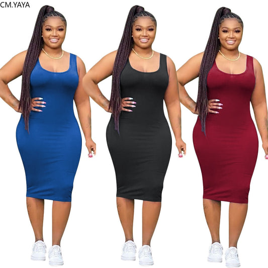 CM.YAYA Women  Sleeveless Tank Knee Length Bodycon Midi Dress Sport Fashion Bandage Pencil Dresses Vestidos