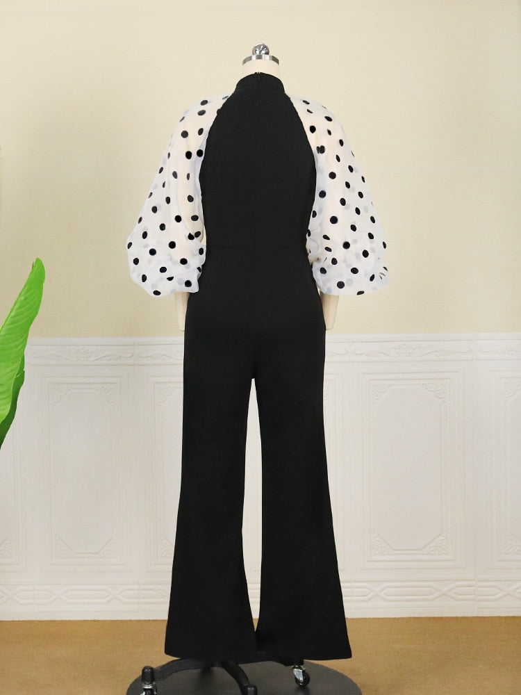 Women Black Jumpsuits Patchwork Sleeves Polka Dot See Through High Waist Slim Elegant Office Ladies One Piece Fashion Bodysuit