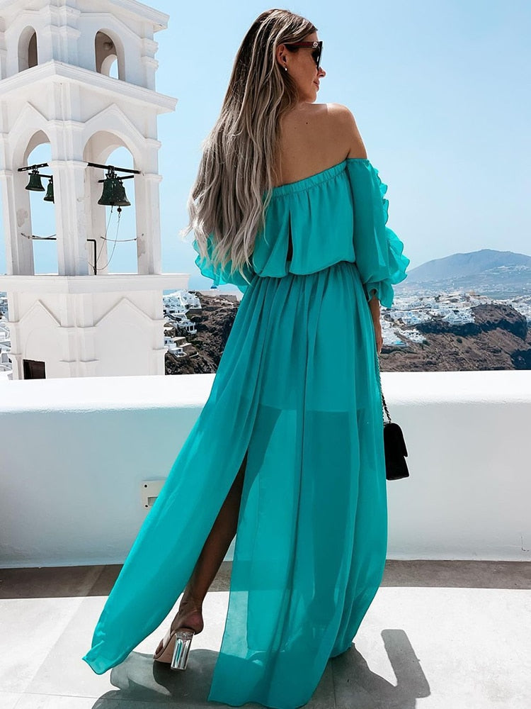 Women Sexy Off Shoulder High Slit Chiffon Dress Summer Bohemian Lace-up Chest Wrap Ruffles Sleeve Maxi Beach Dresses Woman 2022