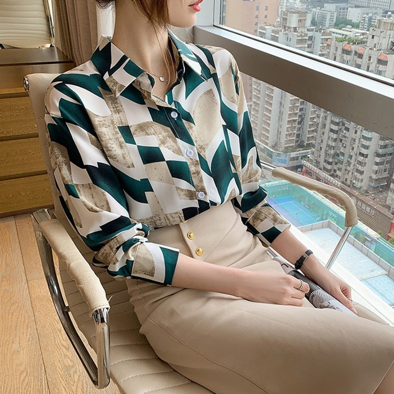 Office Lady Elegant Print Shirts New Arrival 2022 Spring Korean Style All-match Loose Women Long Sleeve Casual Tops Shirt W943