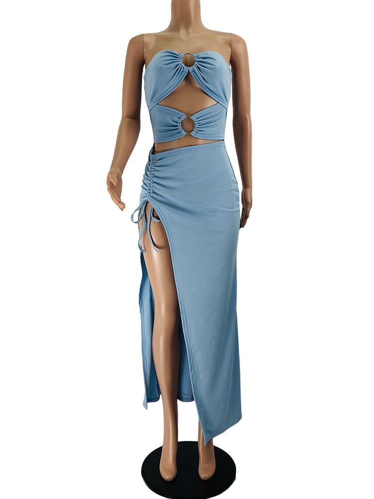 Joskaa Sky Blue Srapless Hollow Out Maxi Dresses for Women Party Clubwear 2022 Summer Sexy Backless High Slit Bodycon Dress