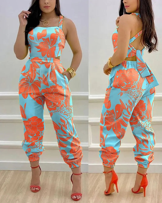 Summer Sleeveless Long Jumpsuit Women Fashion Casual Printing Square Neck Sleeveless Hollowed-out Backless Jumpsuit Women