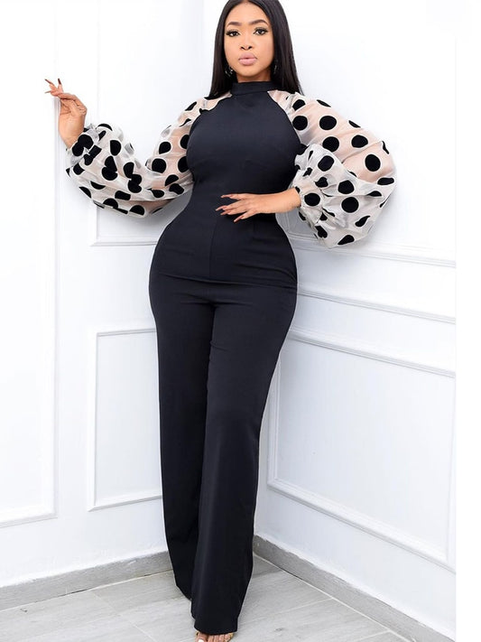 Women Black Jumpsuits Patchwork Sleeves Polka Dot See Through High Waist Slim Elegant Office Ladies One Piece Fashion Bodysuit