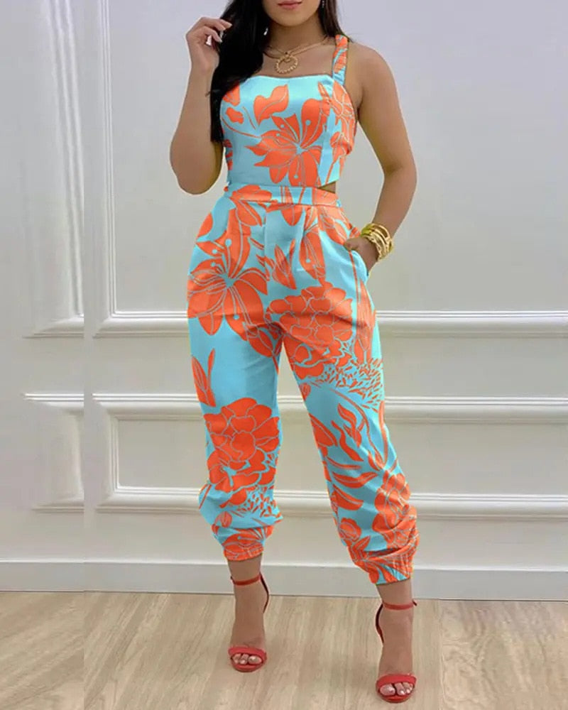 Summer Sleeveless Long Jumpsuit Women Fashion Casual Printing Square Neck Sleeveless Hollowed-out Backless Jumpsuit Women