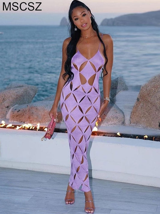 Spaghetti Strap Cut Out Long Dress Women Summer Sexy See Through Beach Party Dress Backless Bodycon Maxi Dress