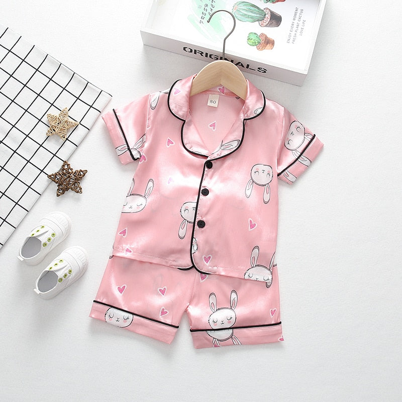 Girls Satin Silk Pajamas Set Kids Boy Cartoon Sleepwear Outfits Summer Toddler Short Sleeve+shorts Boy Leisure Wear Home Clothes