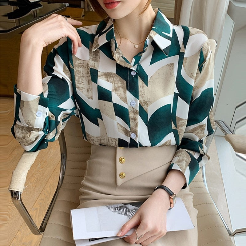 Office Lady Elegant Print Shirts New Arrival 2022 Spring Korean Style All-match Loose Women Long Sleeve Casual Tops Shirt W943