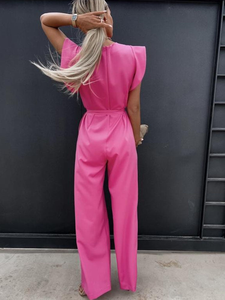 Fashion Solid Butterfly Sleeve Elegant Women Jumpsuit Summer O-neck With Belts Straight Playsuit Casual Office Lady Jumpsuits