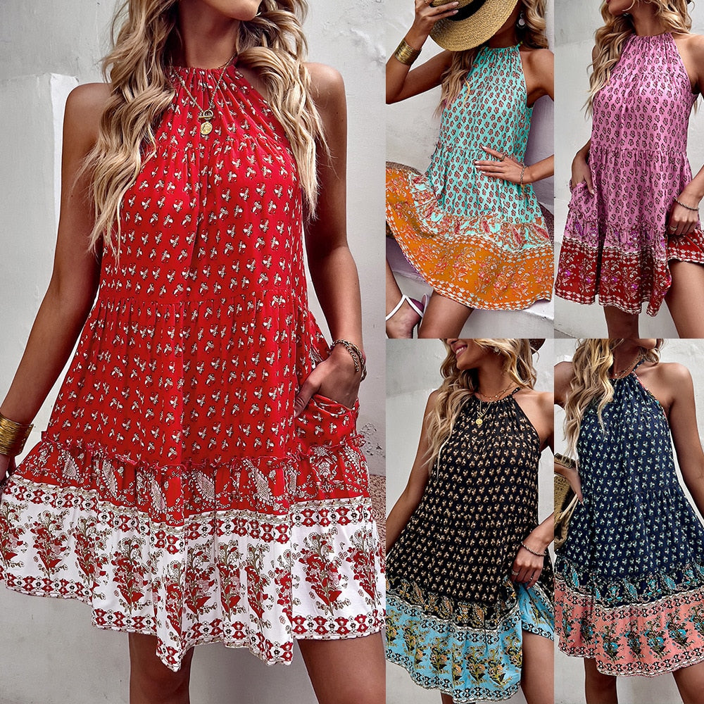 Summer Boho Dress Women Vintage Floral Print Bohemian Dress Ladies Elegant High Waist Sleeveless Loose Dresses Vestidos 2022