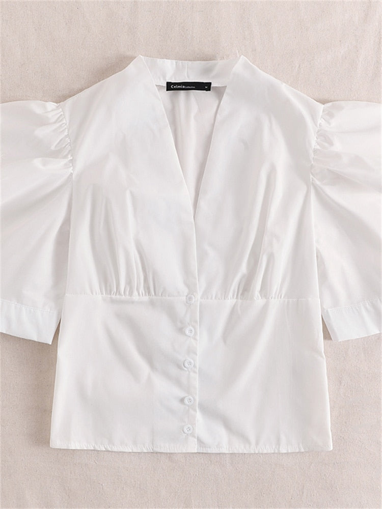 Women Fashion Ruffles White Shirts Celmia Elegant Office Tops Tunic 2022 Half Sleeve Summer Blouses Casual Loose Buttons Blusas