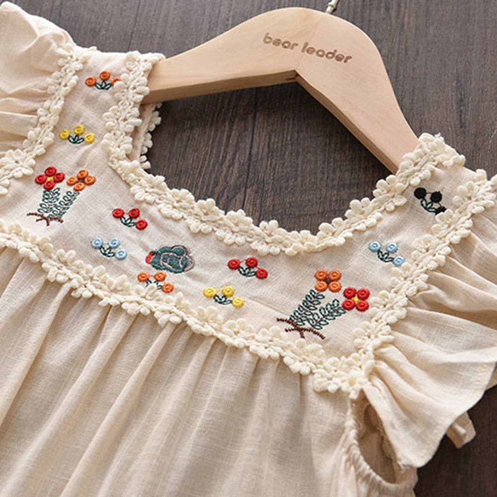 Menoea Baby Girls Cotton Dresses New Summer Flower Embroidery Lace Dress Toddler Kids Casual Flying Sleeve Princess Clothes 2-6Y