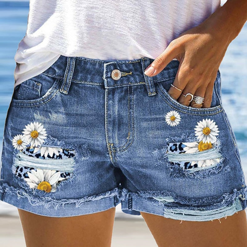 High waist women&#39;s jeans 2022 fashion street ripped denim shorts plus size loose printed blue denim shorts for women summer