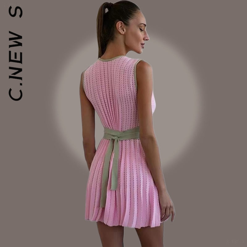 C.New S Dress Women Fashion V-neck Fashion Stitching Sleeveless Slim Dresses Club Outfits Woman Clothes Female